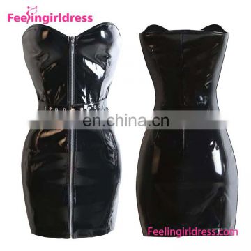 Newest Zipper Front Sexy Strapless Black Faux Leather Dress