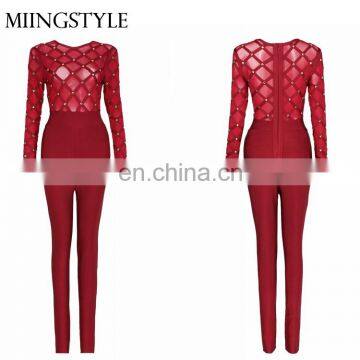 oem one piece bodycon sexy ladies suit tight bandage rompers studed evening jumpsuits