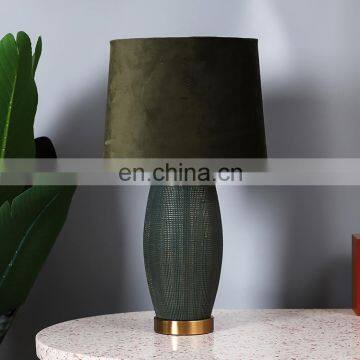 Unique relief surface design green cylinder shape hotel ceramic night lamp for living room