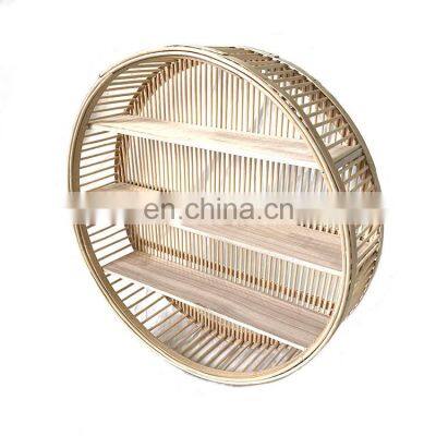 Vintage Round Natural Wooden wicker shelf Rattan Woven Wall art Shelves Rack for Bathroom