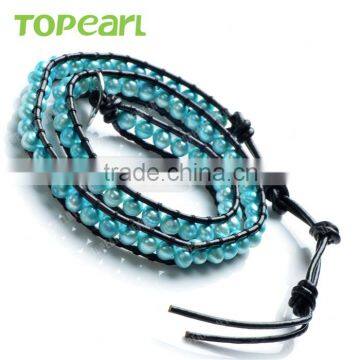 Topearl Jewelry 2016 Potato Shape Blue Freshwater Pearl Bracelet Woven Leather Wrap Funky Bracelets for Girls CLL161 photo-3