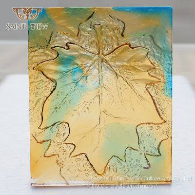 Lost-Wax Casting Pate de verre Crystal Glass Liuli Leaf Sculpture Wall Relief