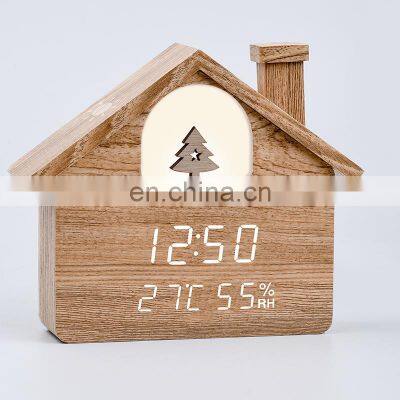 House Styling LED Light Christmas Home Decorate Temperature Humidity Display LED Alarm Clock WIth Voice Control