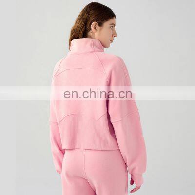 Winter Fleece Quarter Zip Unisex Pocket Pullovers Wholesale Womens Sports Hoodies With Thumb Hole 65cotton 35nylon photo-2