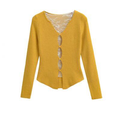 Women's Lace Patchwork Hollow-Out Faux Two-Piece Long-Sleeve Knit Top 2025 Autumn Style, Pure Desire Design Slim Fit Base Shirt