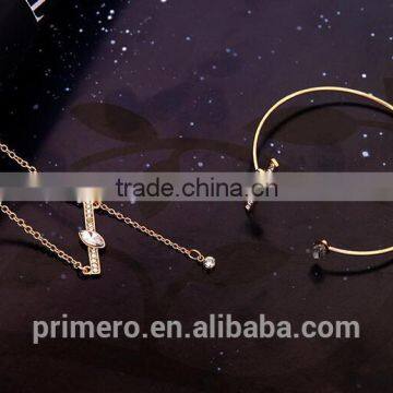 Wedding Women Gold Plated Lovely Charm Rectangle Earring Necklace Ring 3 Pcs Statement Jewelry Set