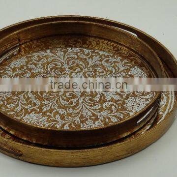 Antique Painted Round Wooden Mirror Tray with Flower Printing