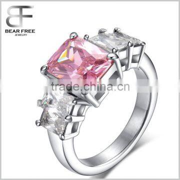 316L Stainless Steel Engagement Ring with Pink CZ Solitaire Prong Set Band