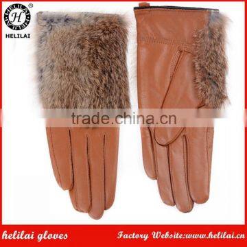 Europe-Bestselling Ladies Rabbit Fur Trimmed Sheep Leather Gloves Tan Fashion Leather Gloves for Girls