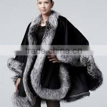 popular ladies cashmere and fox fur trim cape