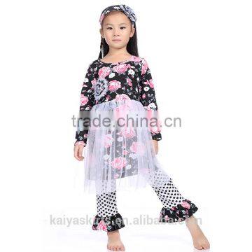 2016 cotton floral print chiffon dress and frill pant wholesale children clothes