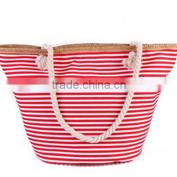 Navy blue canvas rope handle straw beach bag