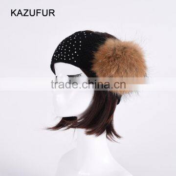 Girls cotton knitted head band with beads raccoon fur ball heaad band KZ160089