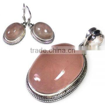 Wholesale jewelry 925 sterling silver natural stone jewelry set Rose Quartz jewelry