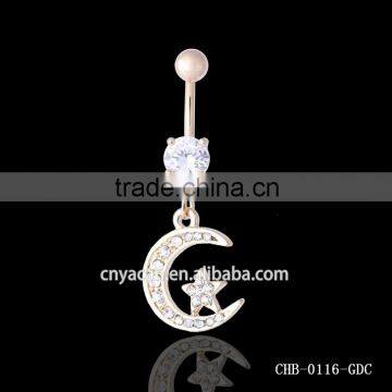 Moon and Star Gem Paved Dangle 316L piercing Belly Button Surgical Steel Jewelry