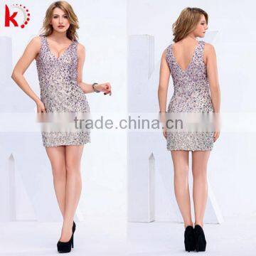 Heavy beading sexy V neck sleeveless short knee length prom party dress