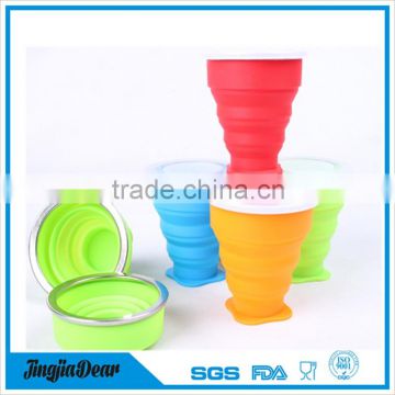 Soft food grade silicone folding drinking cup, silicone custom design collapsible cup with lid