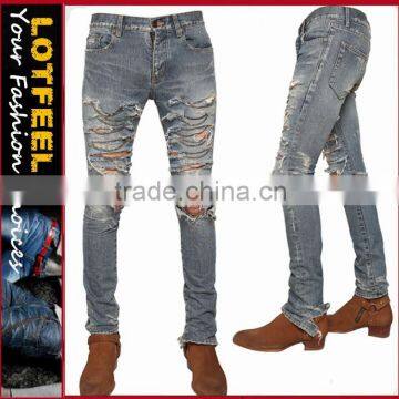 2016 new fashion Chained destoryed stretch denim man jeans ripped jeans for man angels stretch jeans(LOTM127)