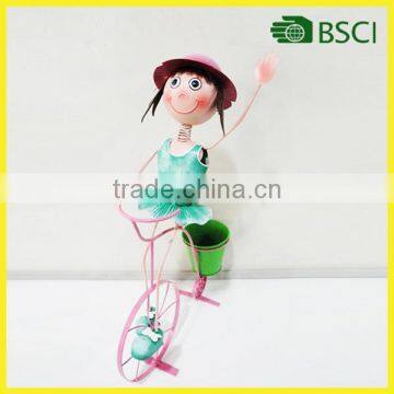 Happy girl ride bicycle metal crafts with flower pot