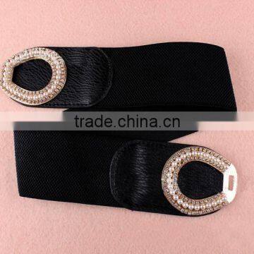Wholesale Pearl and Rhinestone Inlaid Buckle Sex Women Lady Wide PU Waist Belt photo-2