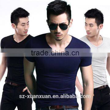 Cheap plain printing pure color cotton men v-neck t-shirt wholesale China