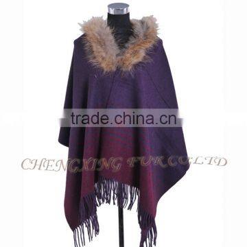 CX-B-P-43G 2016 New Product Noble Shawl Hand Made Wholesale Cashmere Capes And Raccoon Fur Trim Cape photo-5