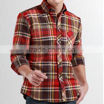 Men's slim fit long sleeve flannel Plaid shirt Button Down Collar , Adjustable 2 Button Cuffs , Curved Bottom Hem