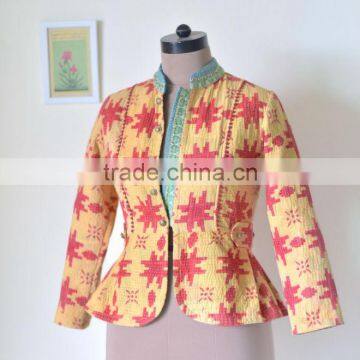 Handmade Kantha Boho Jacket in Green & Burnt Orange Print ~ Small