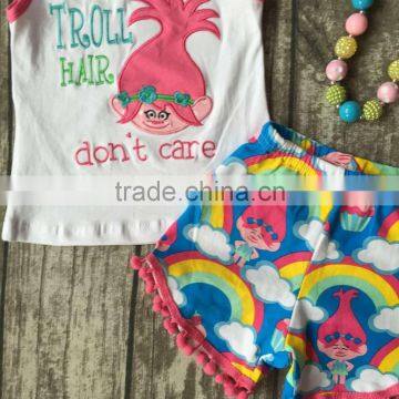 Baby Girls Summer Clothes Girls Children Troll Hair Don;t Care Outfits Kids Rainbow Shorts Outfits With Accessories photo-2