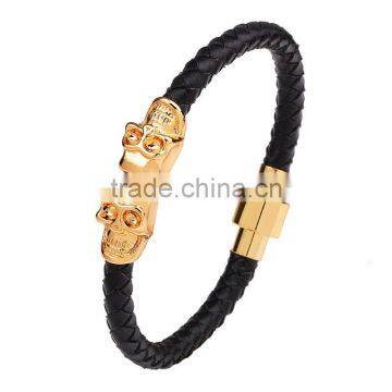Hot Selling Leather Men Skull Bracelet Magnetic Buckle Twin Skeleton Charm Bracelet photo-2