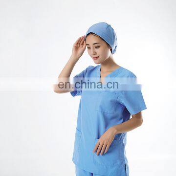 V-neck 3 Pocket Blue Polyester Cotton Oem Medical Scrub Suits photo-4