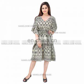 Indian Cotton Hand Block Printed Voile Women Maxi Short Dress Kimono Kaftan