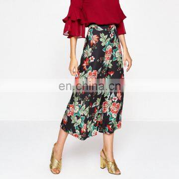 Digital printed elastic waist wide leg floral print trousers pants