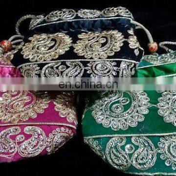 ethnic Indian lot of 3 Potli Embroidered Designer Green,Pink,Back Purse Hippie Boho Clutch Sequins Craft pouch Bag Wedding Party