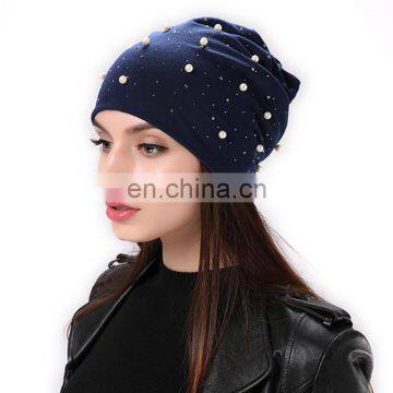 Women's Beanie Hat Casual Polyester Shine Pearls&Rhinestones Beanies For Women Skull Beanie Hats Bonnet For Female