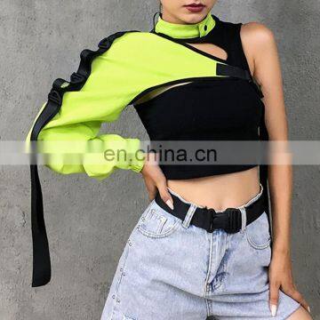 Wholesale Reflective top jacket personality irregular buckle tape long sleeve one side wearing crop top