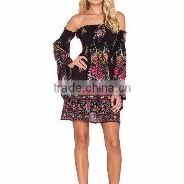 Floral Print Slash Neck Casual Short Dress Flare Long Sleeve Loose Sexy Mini Dress