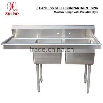 Freestanding Commercial Stainless Steel 2 Two Compartment Sink with Drainboard