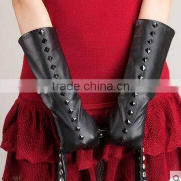 women's winter sheepskin long leather gloves with studs/rivet