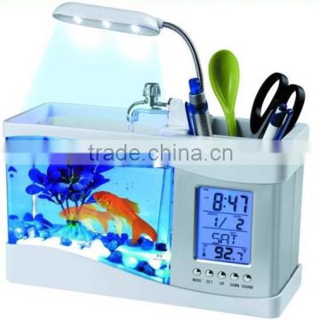 LED light USB Mini acrylic Fish Tank with LCD Calendar clock & penholder function