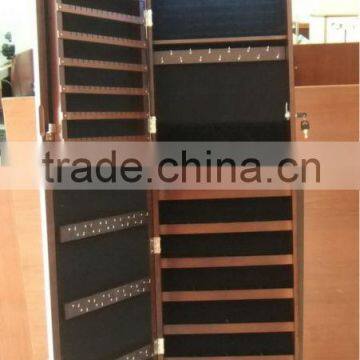 Floor Standing Wooden Furniture Chinese Mirrored Jewelry Cabinet With LED Lights Inside and Wavelike Door Top and Classic Design