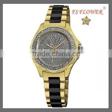 Style Gold Plated Stainless Steel Tone Ceramic Watch Band Dazzing Diamond Dial Stone Jewelry Watch