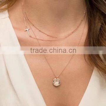 Clothing jewelry cross collar triple gold plated chains round sequin pendant necklace