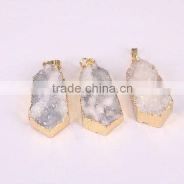 Druzy Quartz Pendant, Polygon Shape Natural Druzy Pendant Gold Edged Gemstone Jewelry