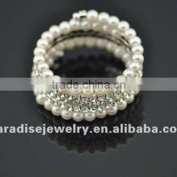 4 row pearl and rhinestone graduated wraparound coil bracelet-BRW060403