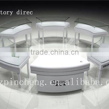 china supplier custom wooden jewelry showcase display cabinet and curved glass jewelry display counter