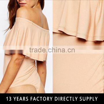 Fashion style off-shoulder skin color female body suit with falbala