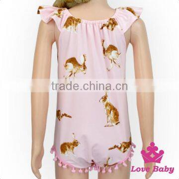 2LLY-097 Lovebaby Wholesale Rabbits Print Girls Easter Day Romper Stylish Pom Pom Jumpsuit Puffy Shoulder Jumpsuit For Kids photo-2