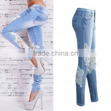 High Waist Girls Jeans Hollow Lace Patchwork Light Blue New Women Sex Pants photo-2