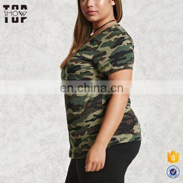 Guangzhou Plus Size Womens Clothes Contrast Crew Neckline Camo t Shirt photo-3